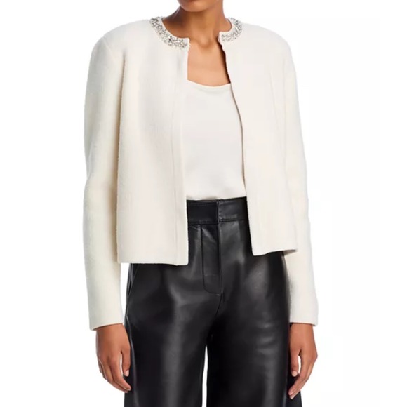 AQUA Ivory Embellished Collar Cropped Jacket - Elegant Evening Coat - Picture 1 of 11